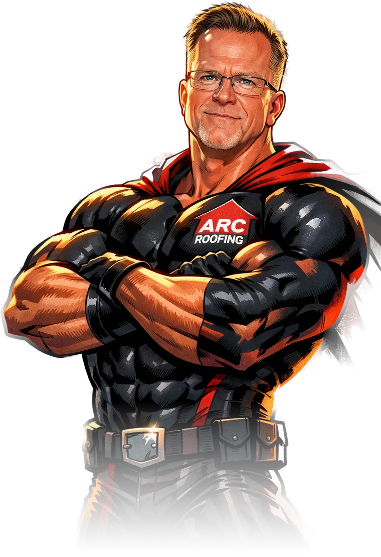 Bobby Threlkeld, owner of ARC Roofing, illustrated as a superhero