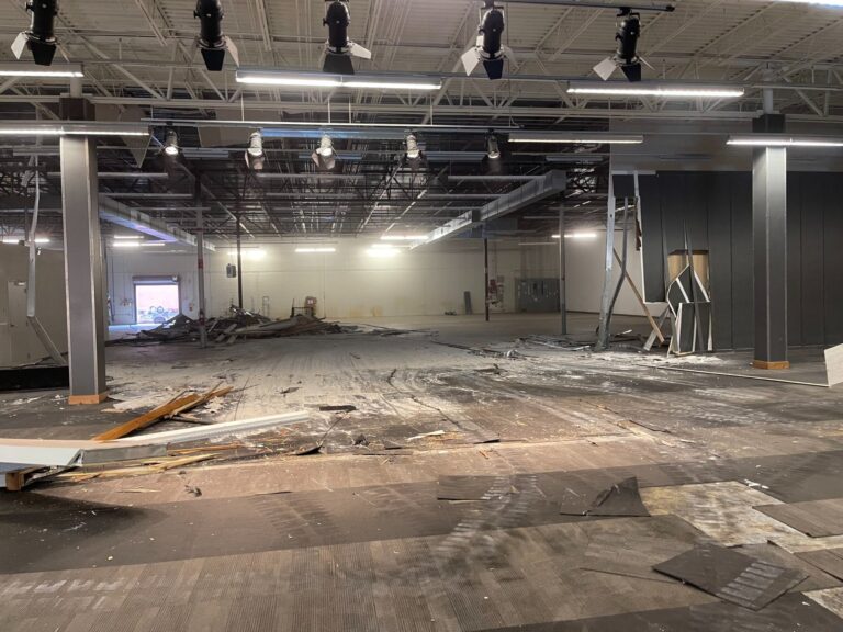 Commercial demolition in Mobile, AL: old flooring torn out across the store