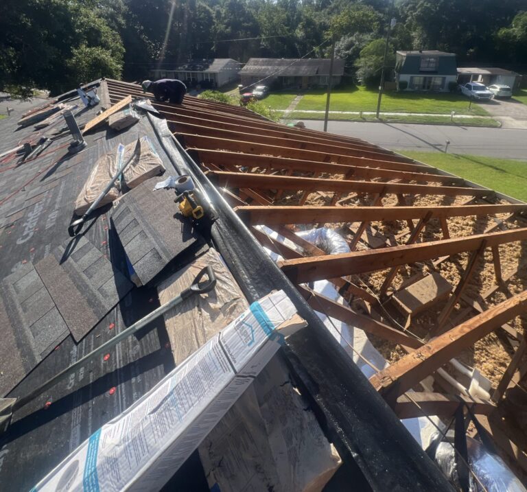 Roof replacement in Mobile, AL: tear-off – old roof removed down to the rafters