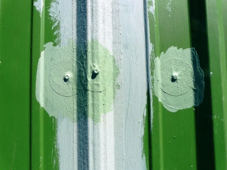 Close-up of sealed fasteners and a fabric-reinforced seam on a metal roof