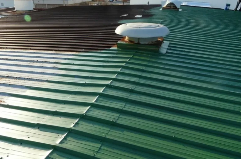 Rust-inhibiting treatment applied to a corroded commercial metal roof